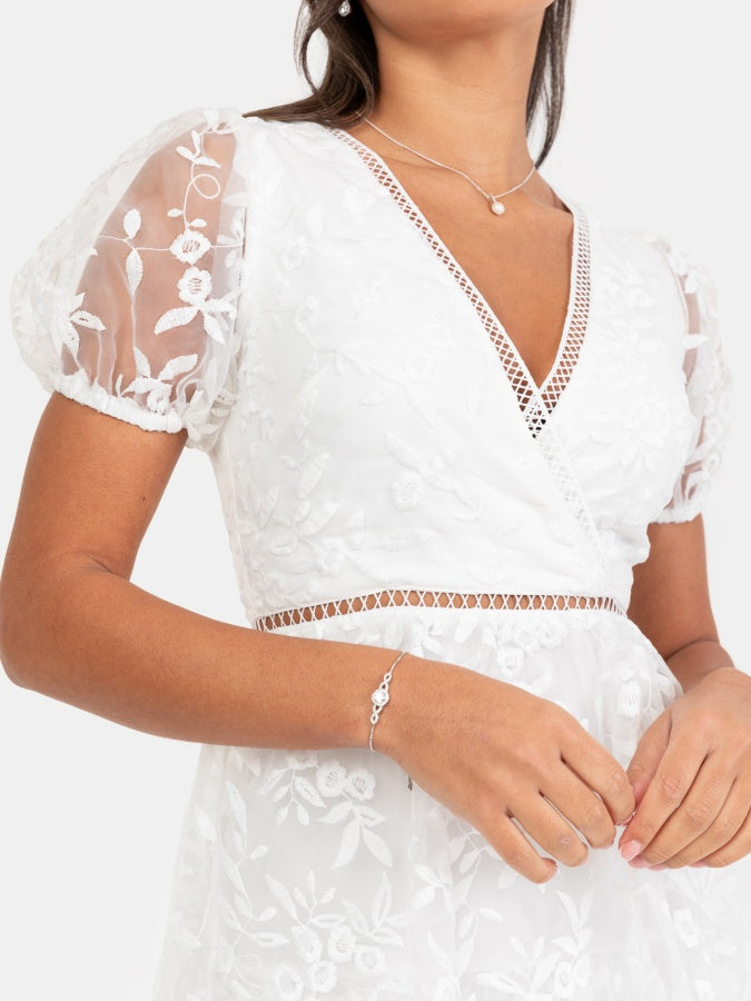 Maya White Floral Embroidered Tiered Organza Midi Dress