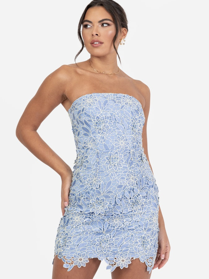 Maya Blue Floral Lace Bandeau Mini Dress