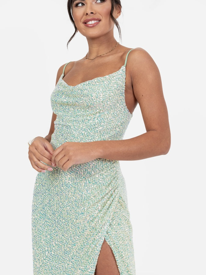 Maya Green Fully Embellished Cami Cowl Neck Maxi Dress