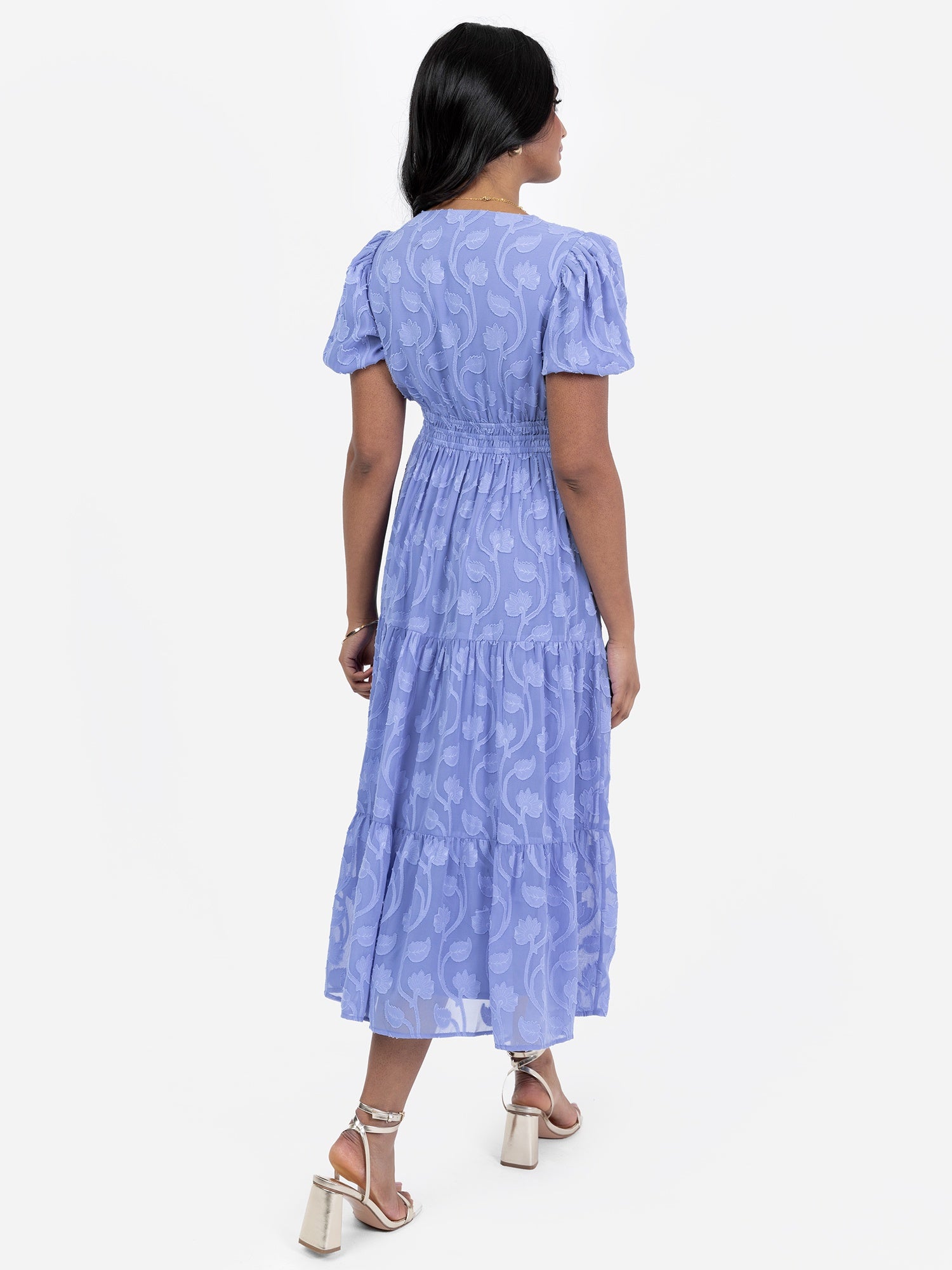 Lovedrobe Blue Short Sleeve Floral Burn Out Midi Dress