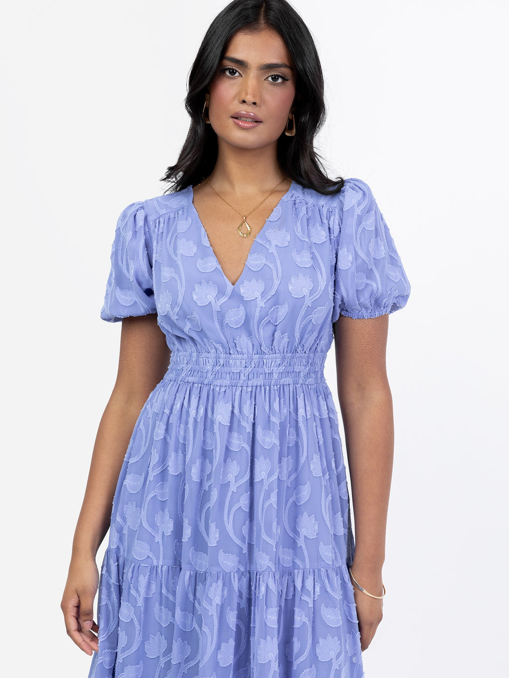 Lovedrobe Blue Short Sleeve Floral Burn Out Midi Dress