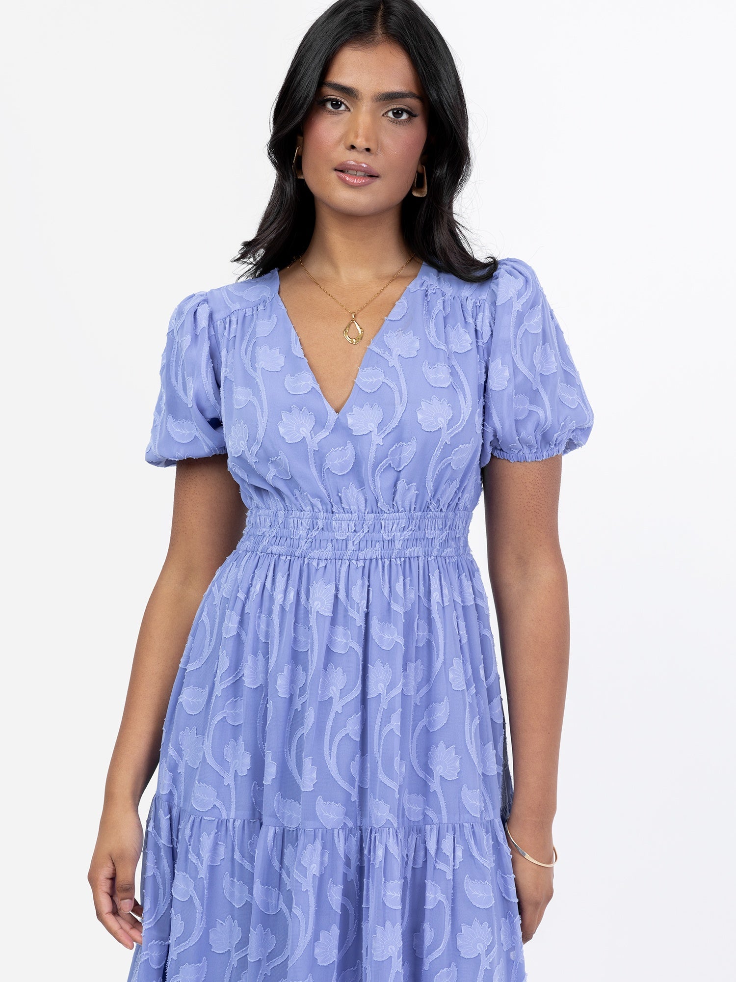 Lovedrobe Blue Short Sleeve Floral Burn Out Midi Dress