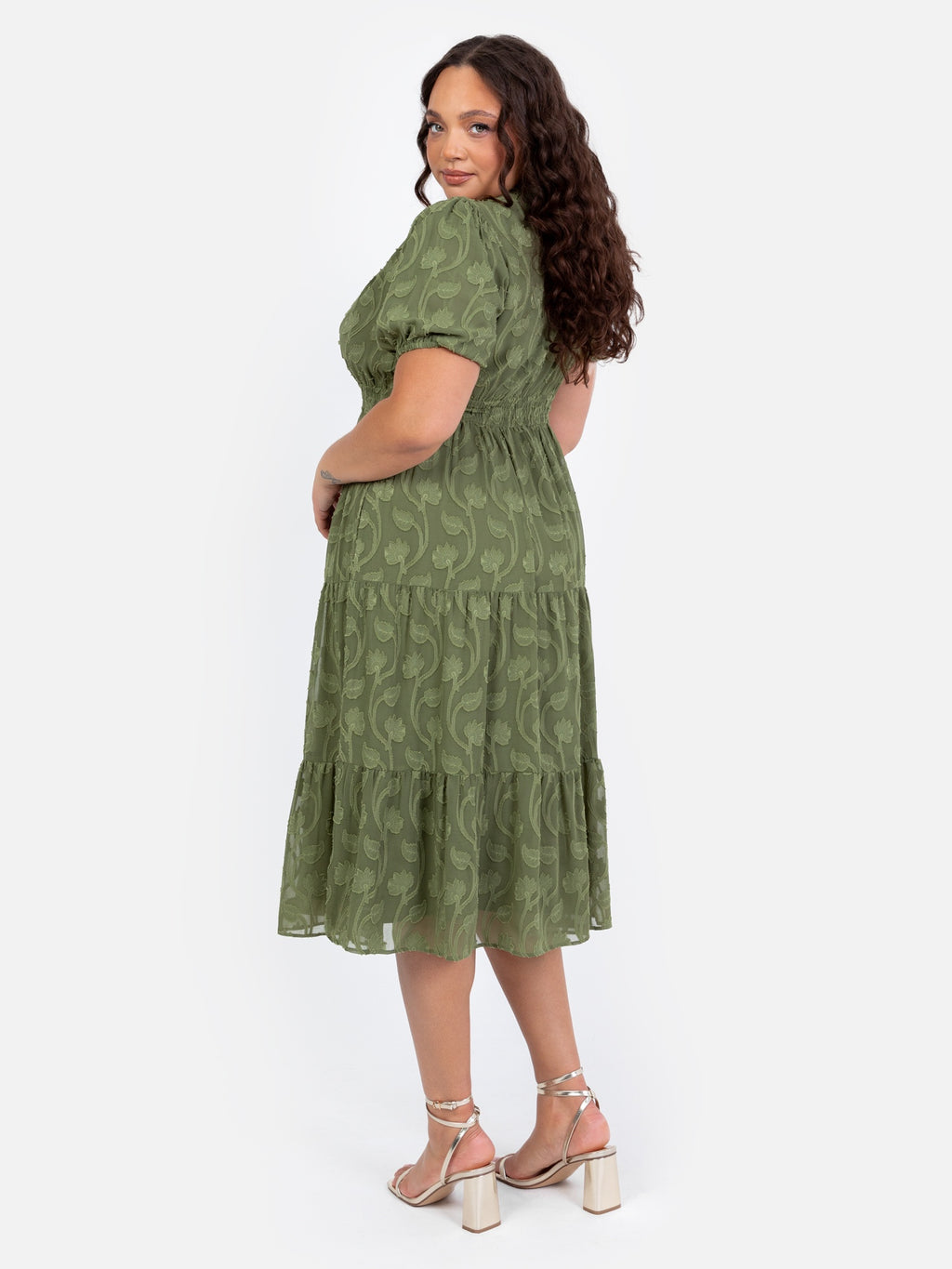 Lovedrobe Khaki Short Sleeve Floral Burn Out Midi Dress
