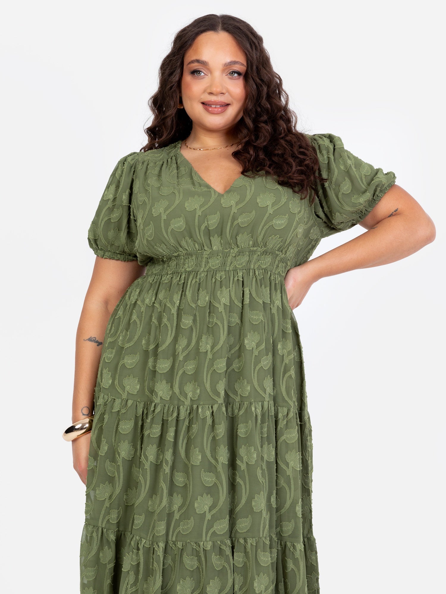 Lovedrobe Khaki Short Sleeve Floral Burn Out Midi Dress