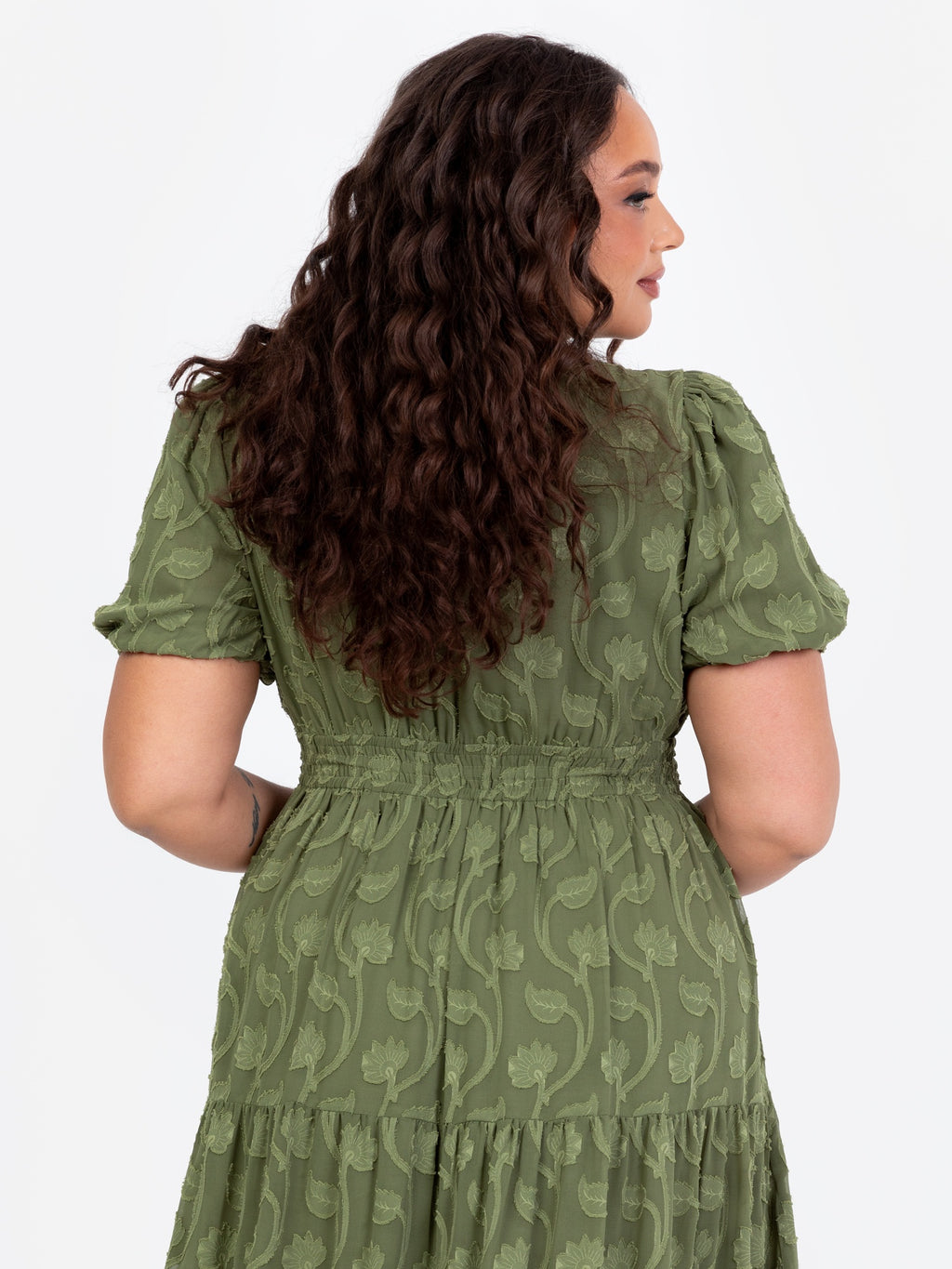 Lovedrobe Khaki Short Sleeve Floral Burn Out Midi Dress