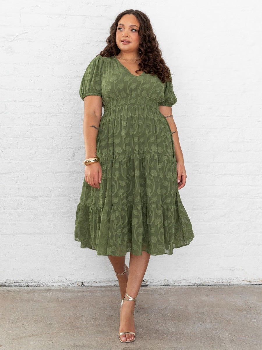 Lovedrobe Khaki Short Sleeve Floral Burn Out Midi Dress