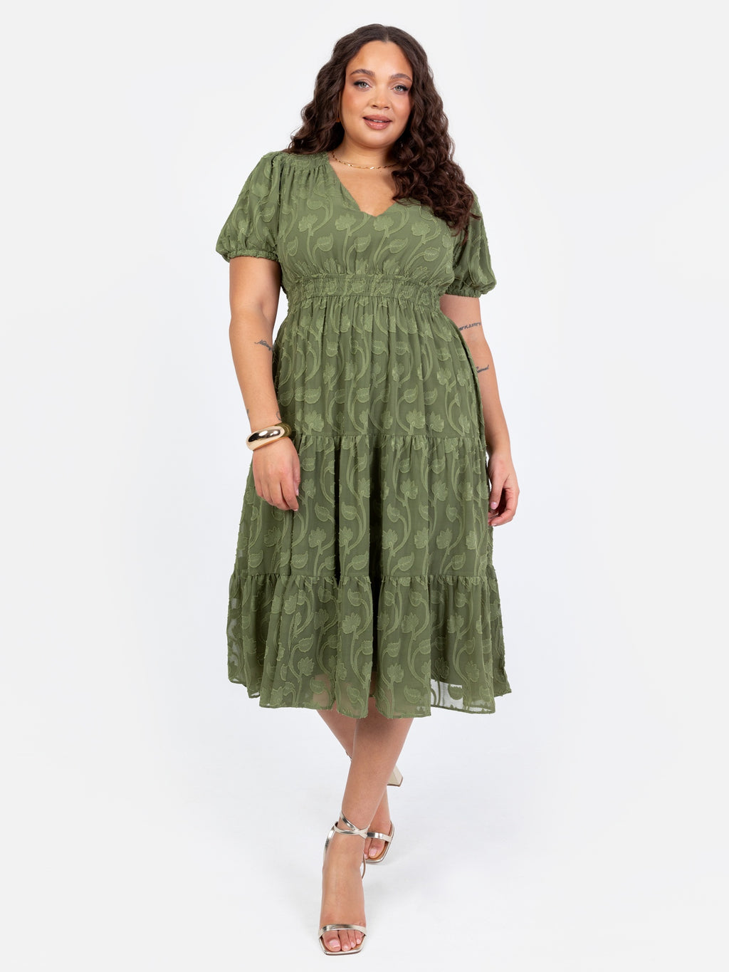 Lovedrobe Khaki Short Sleeve Floral Burn Out Midi Dress