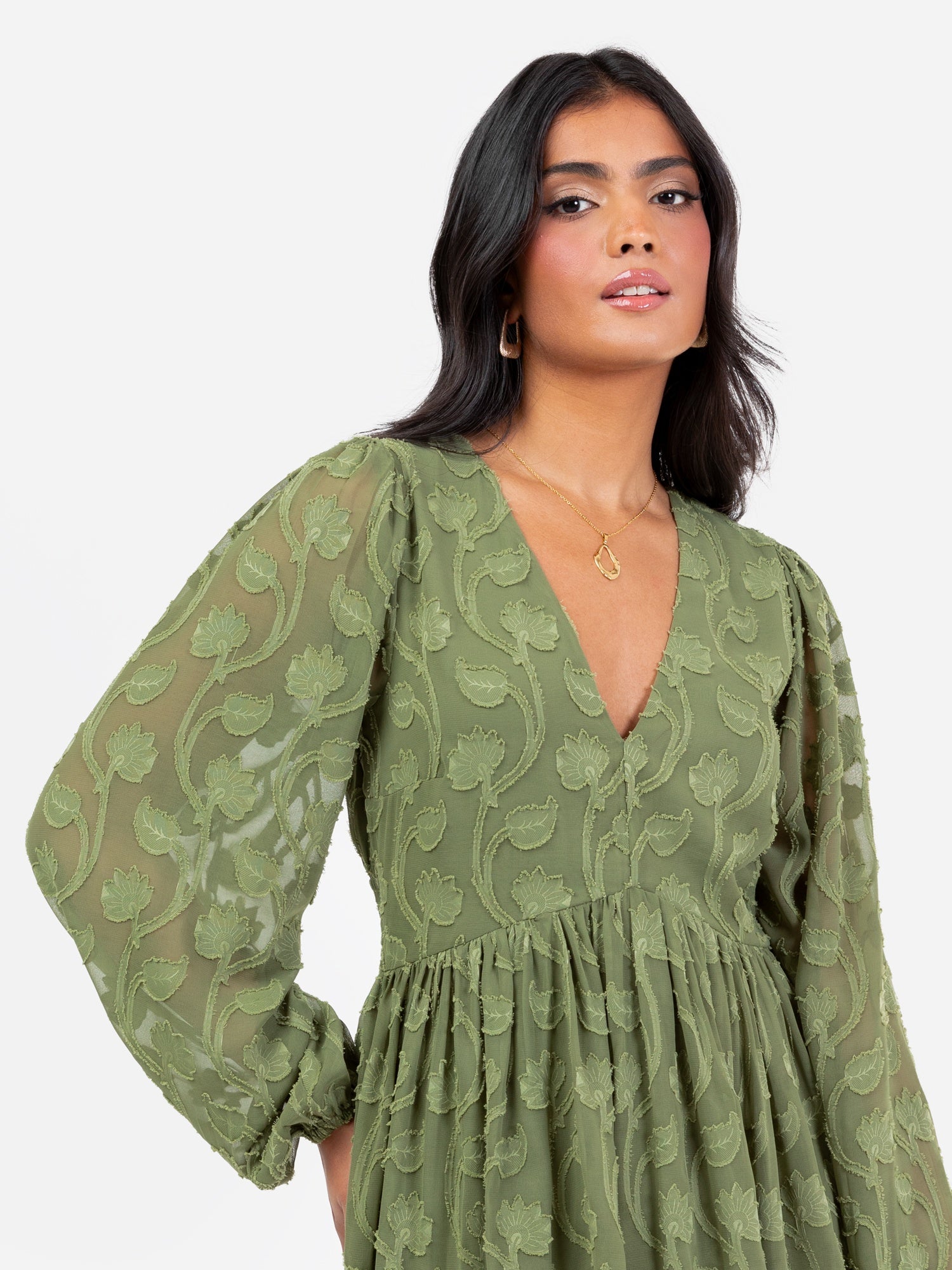 Lovedrobe Khaki Long Sleeve Floral Burn Out Mini Dress