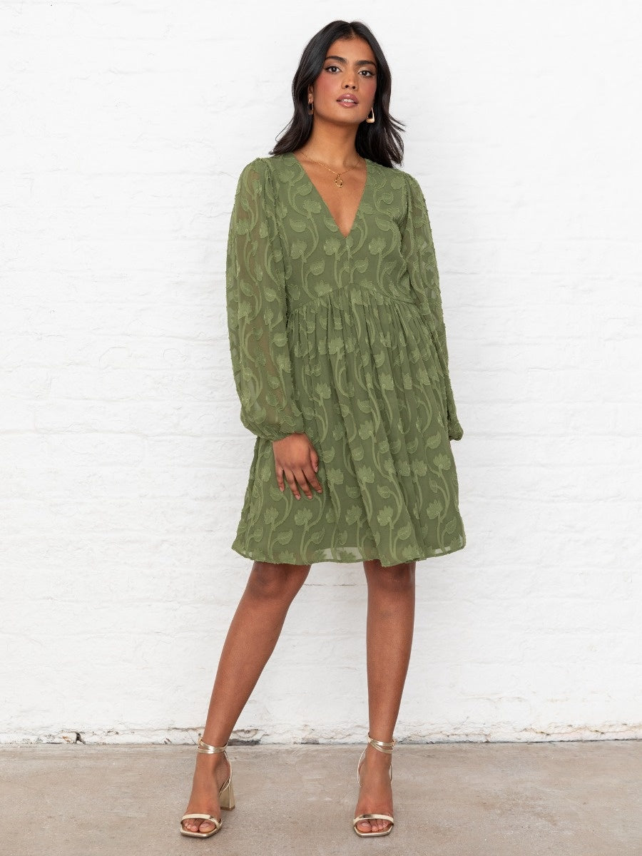 Lovedrobe Khaki Long Sleeve Floral Burn Out Mini Dress
