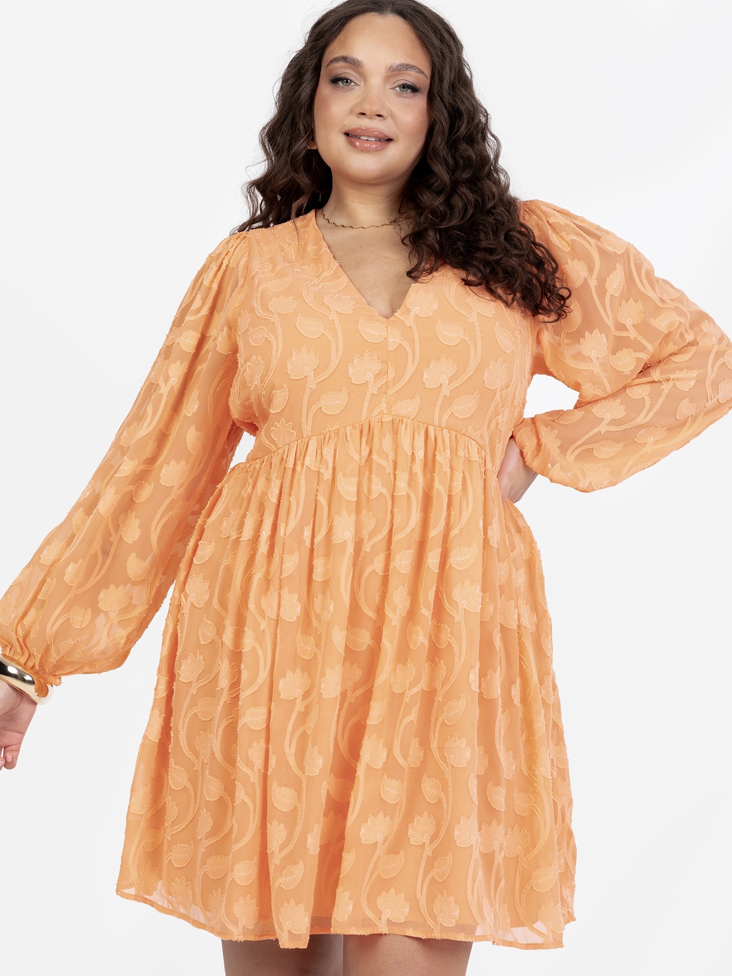 Lovedrobe Orange Long Sleeve Floral Burn Out Mini Dress