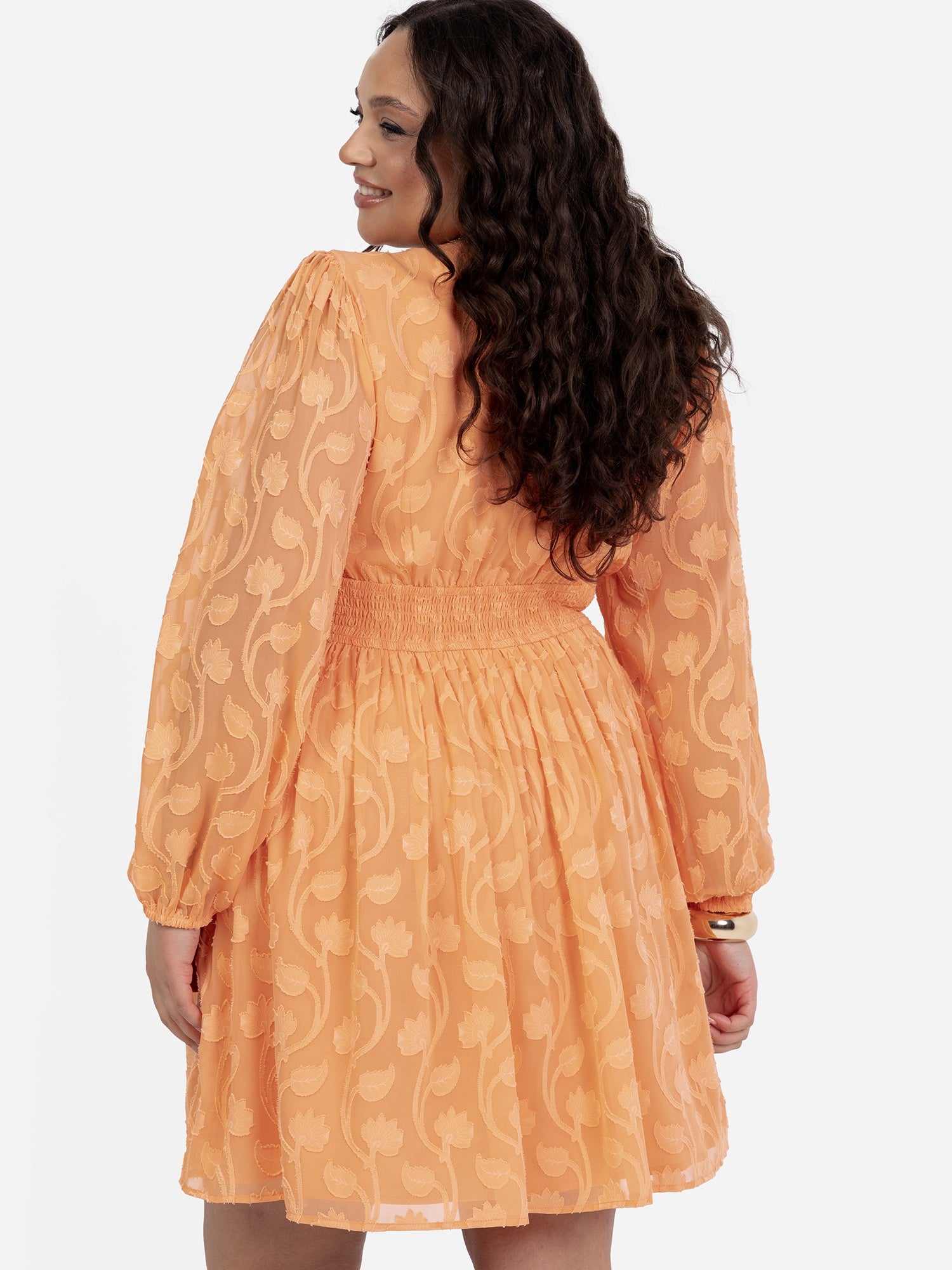 Lovedrobe Orange Long Sleeve Floral Burn Out Mini Dress
