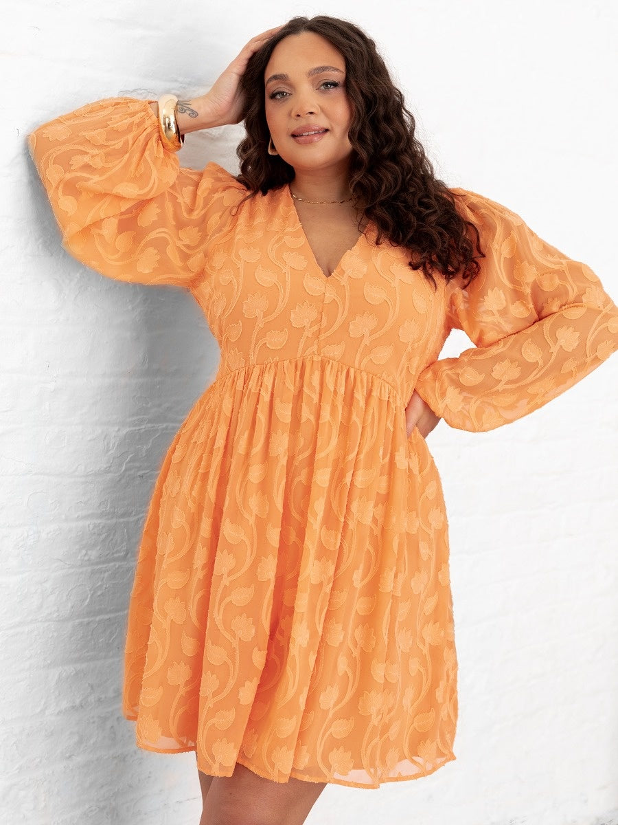 Lovedrobe Orange Long Sleeve Floral Burn Out Mini Dress