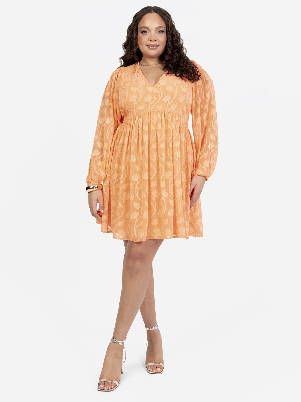 Lovedrobe Orange Long Sleeve Floral Burn Out Mini Dress