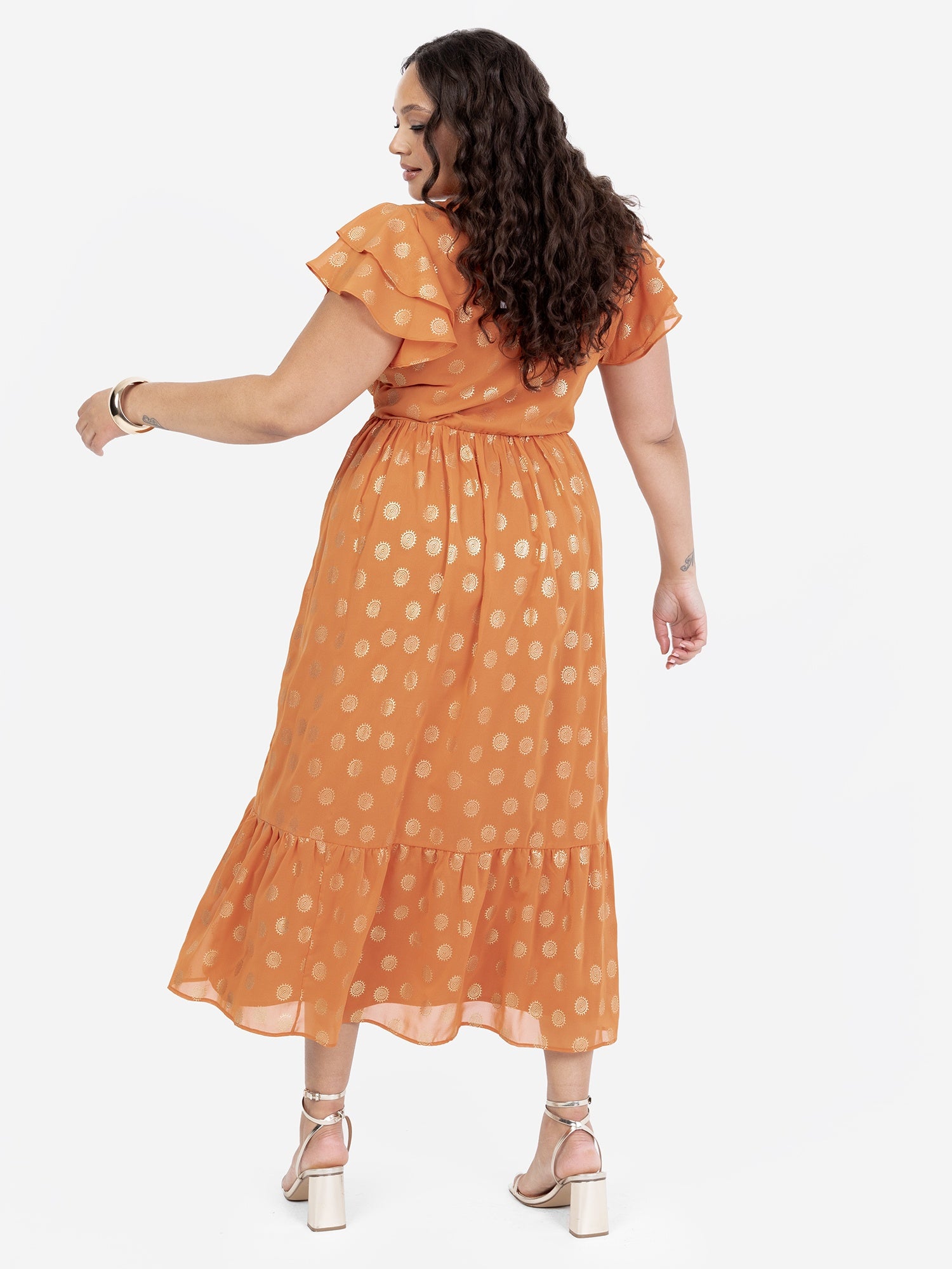Lovedrobe Orange V Neck & Flutter Sleeve Metallic Detail Midi Dress