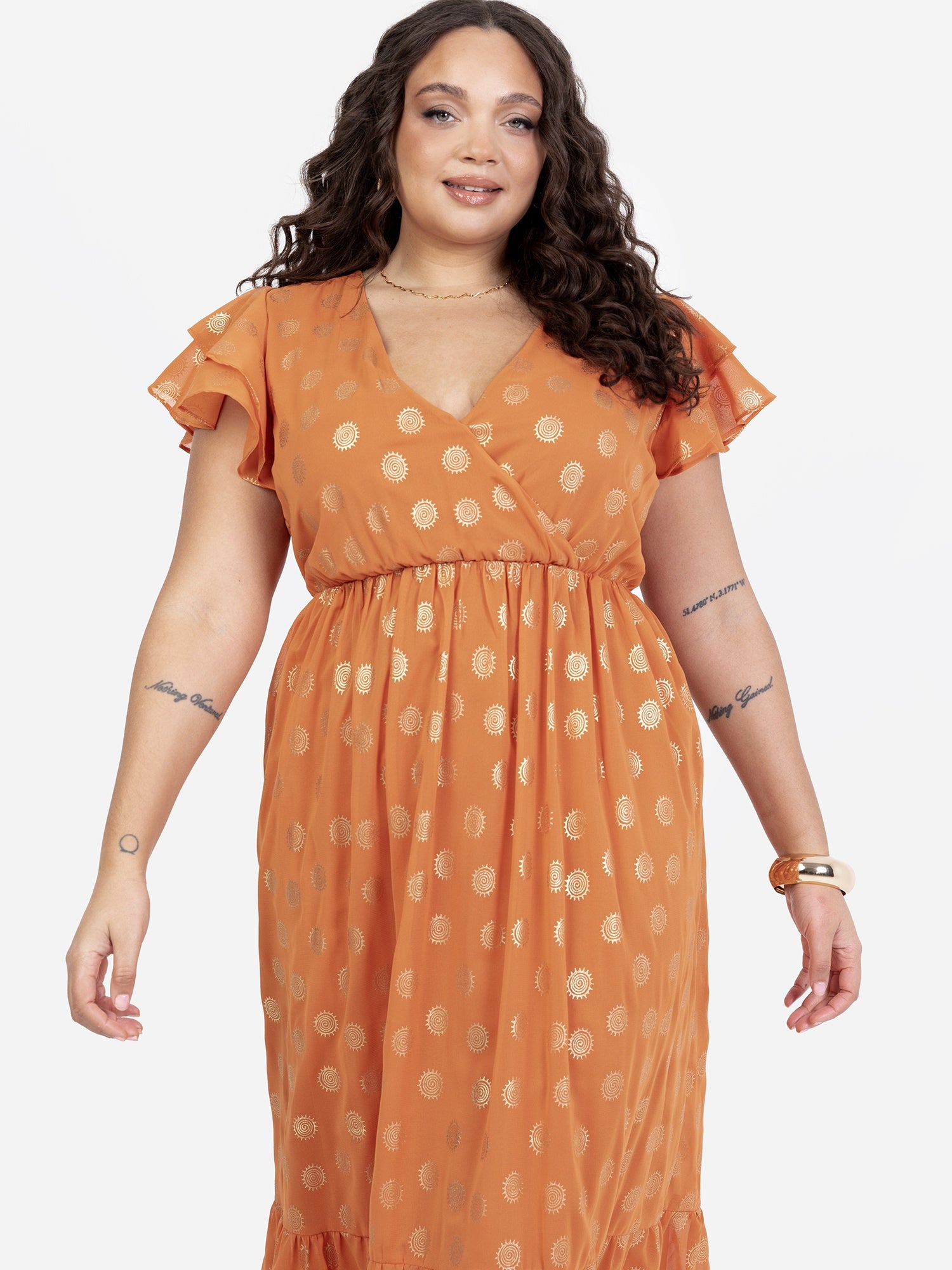 Lovedrobe Orange V Neck & Flutter Sleeve Metallic Detail Midi Dress