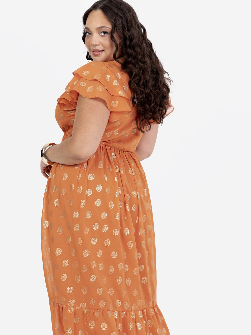 Lovedrobe Orange V Neck & Flutter Sleeve Metallic Detail Midi Dress