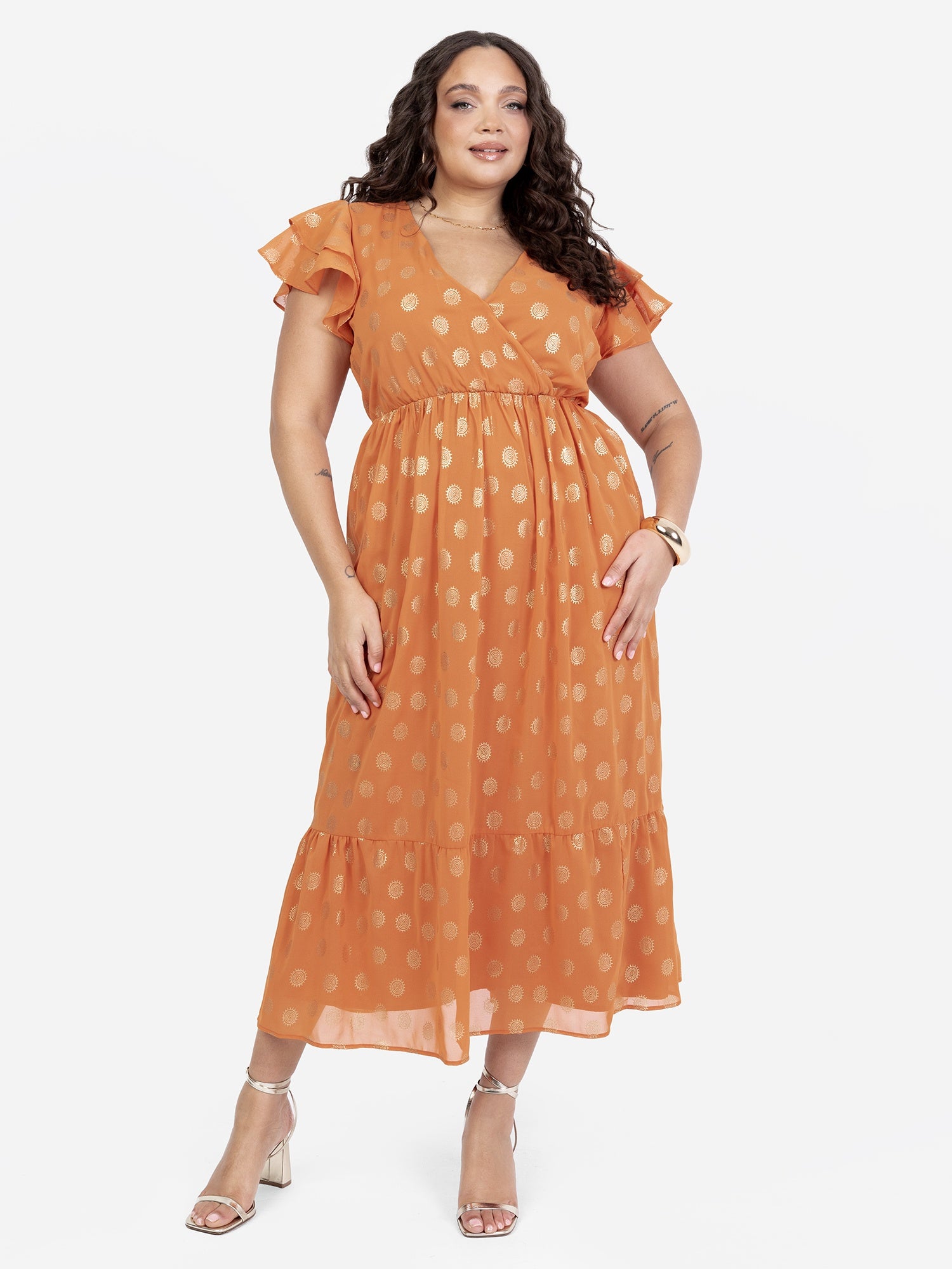 Lovedrobe Orange V Neck & Flutter Sleeve Metallic Detail Midi Dress