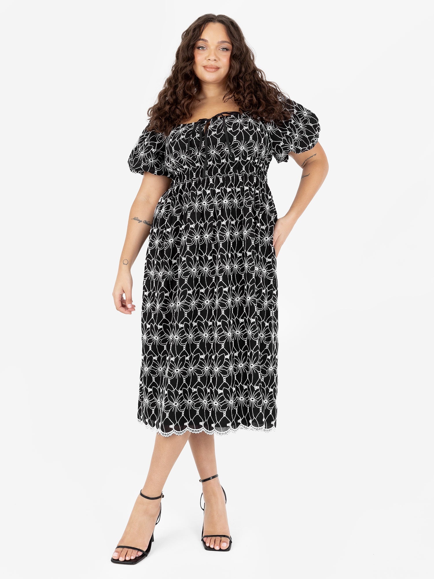 Lovedrobe Black Broderie Square Neck Midi Dress