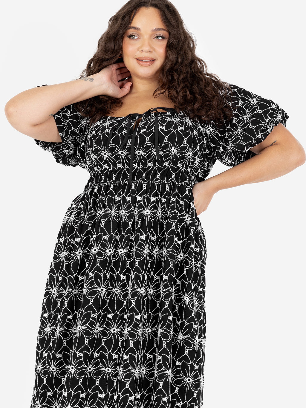 Lovedrobe Black Broderie Square Neck Midi Dress