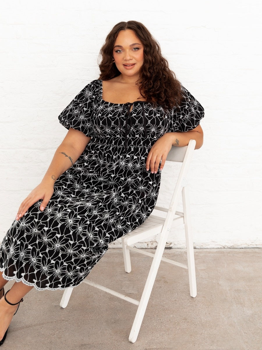 Lovedrobe Black Broderie Square Neck Midi Dress