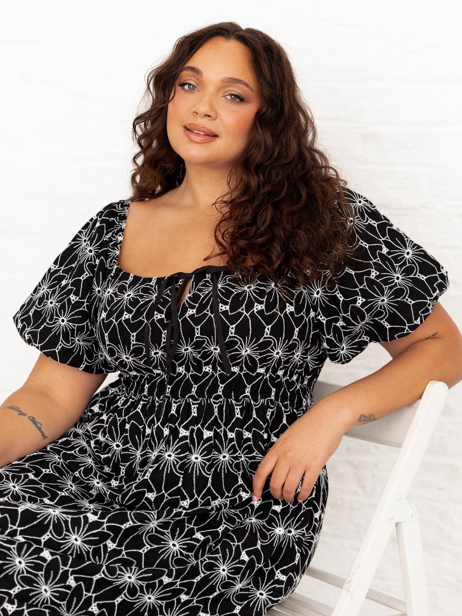 Lovedrobe Black Broderie Square Neck Midi Dress