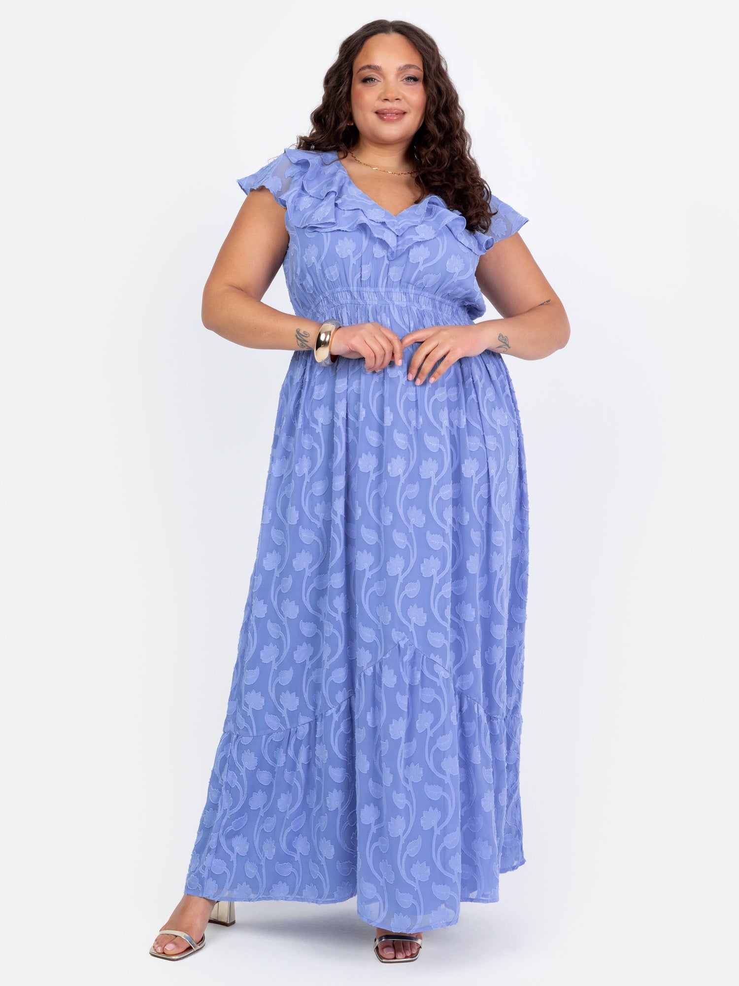 Lovedrobe Blue Ruffle V Neck Floral Burn Out Maxi Dress