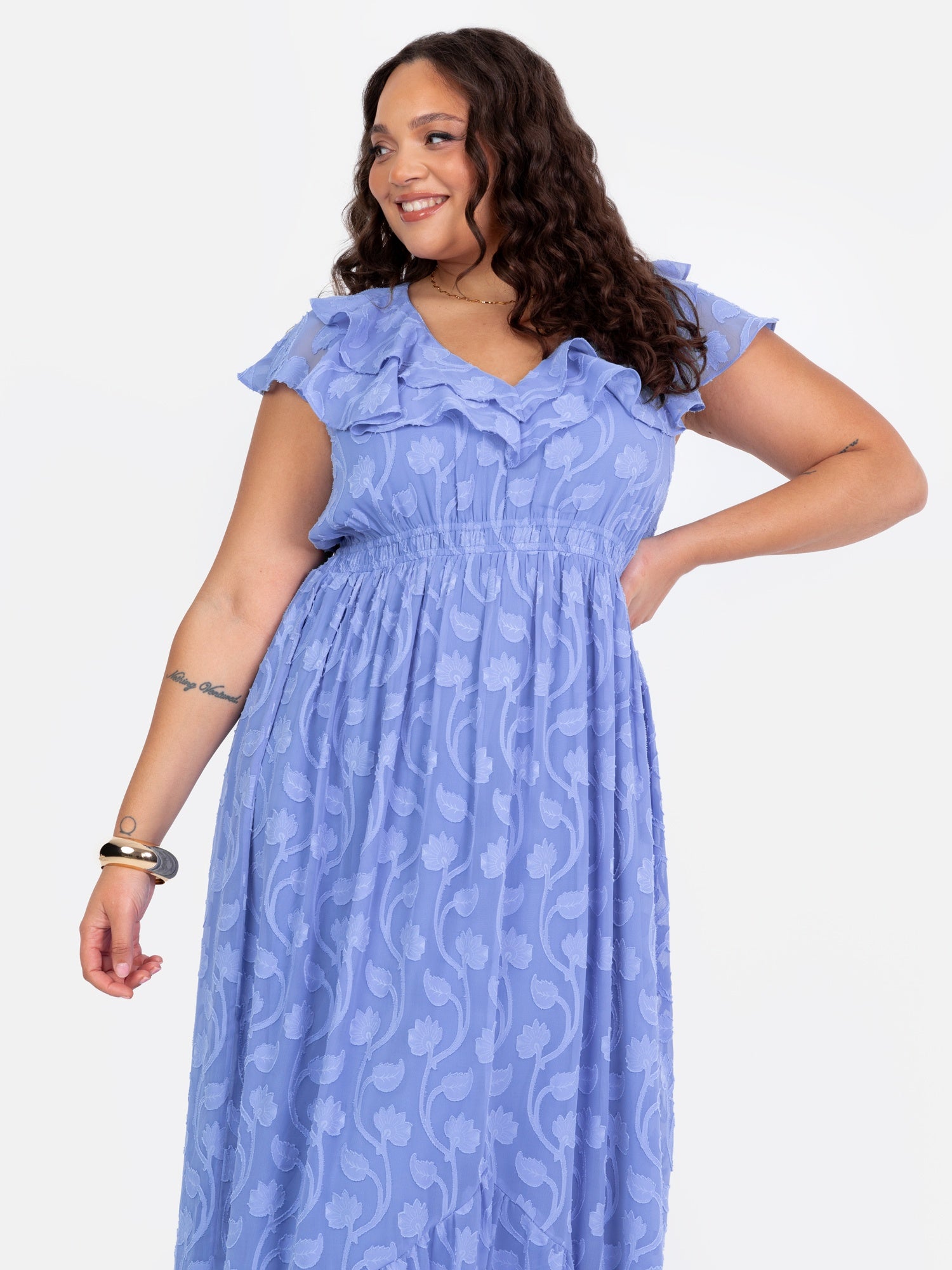 Lovedrobe Blue Ruffle V Neck Floral Burn Out Maxi Dress
