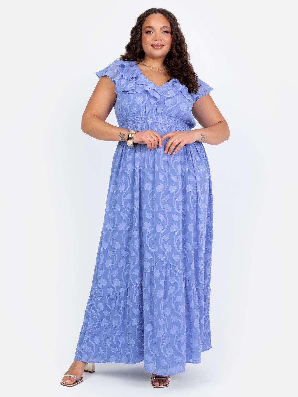Lovedrobe Blue Ruffle V Neck Floral Burn Out Maxi Dress
