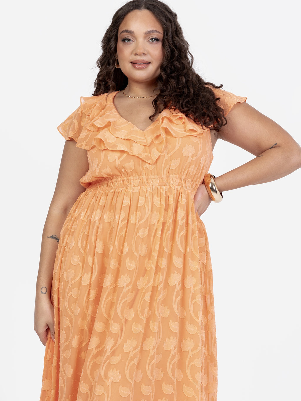 Lovedrobe Orange Ruffle V Neck Floral Burn Out Maxi Dress