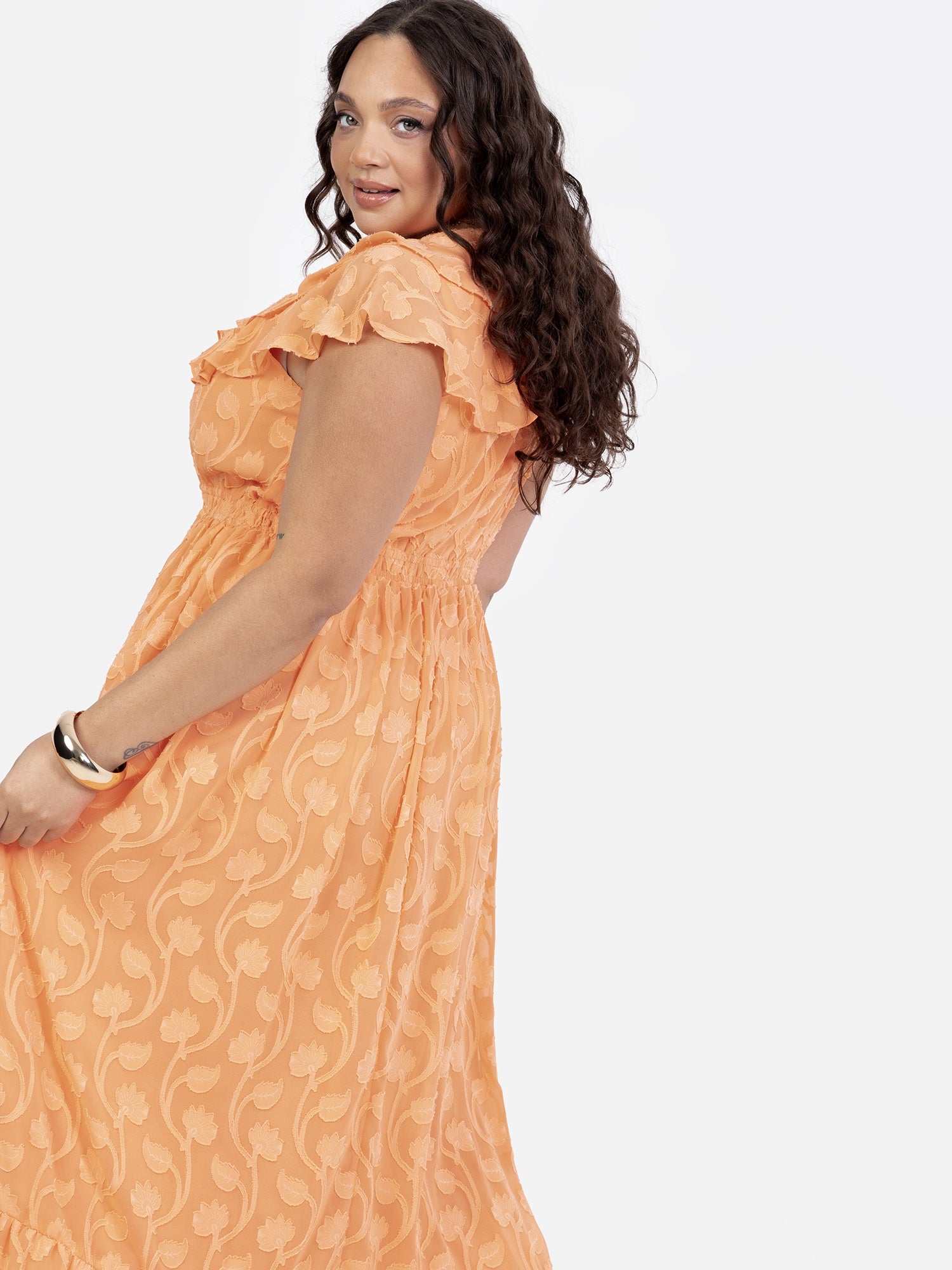 Lovedrobe Orange Ruffle V Neck Floral Burn Out Maxi Dress