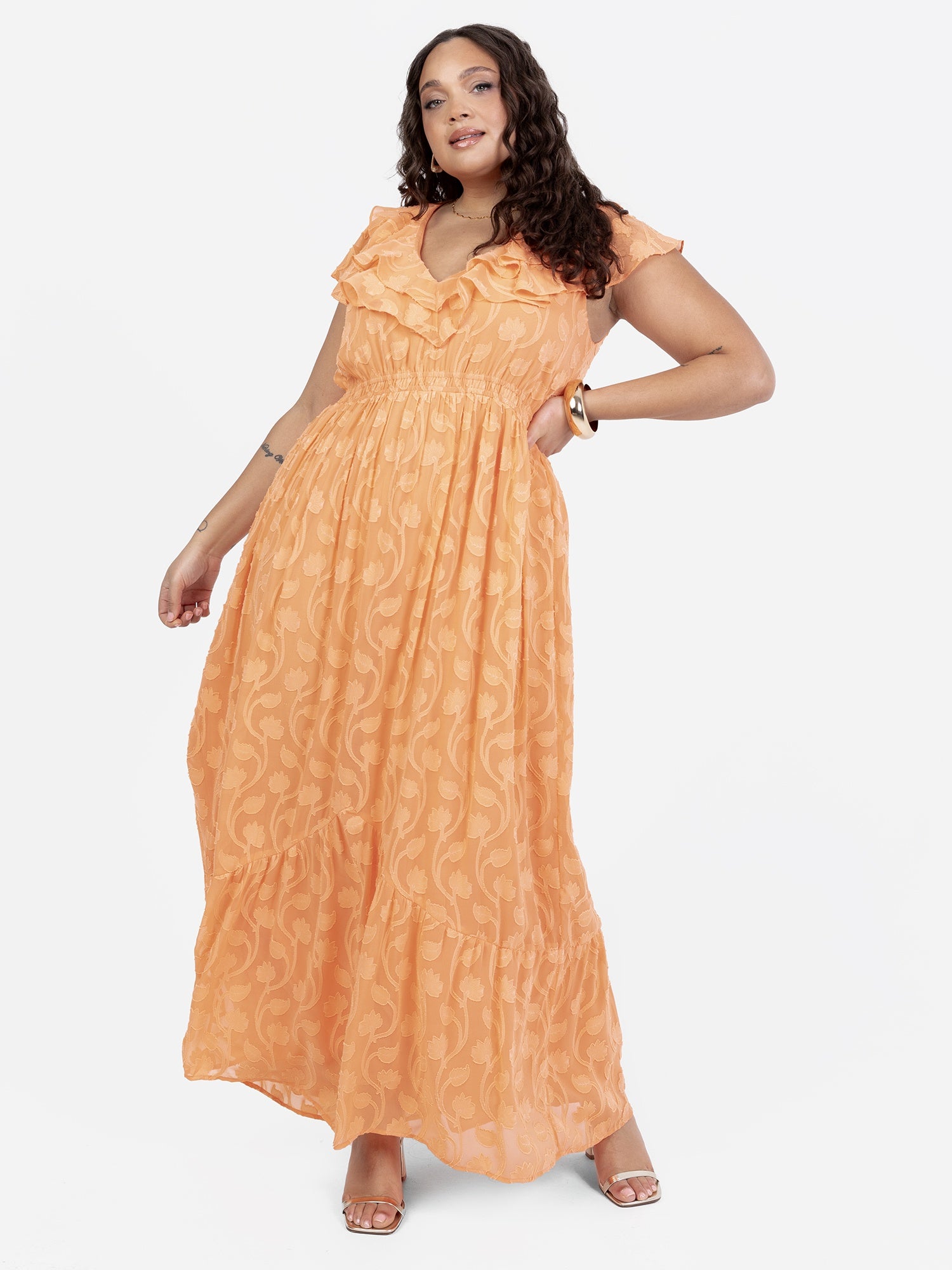 Lovedrobe Orange Ruffle V Neck Floral Burn Out Maxi Dress
