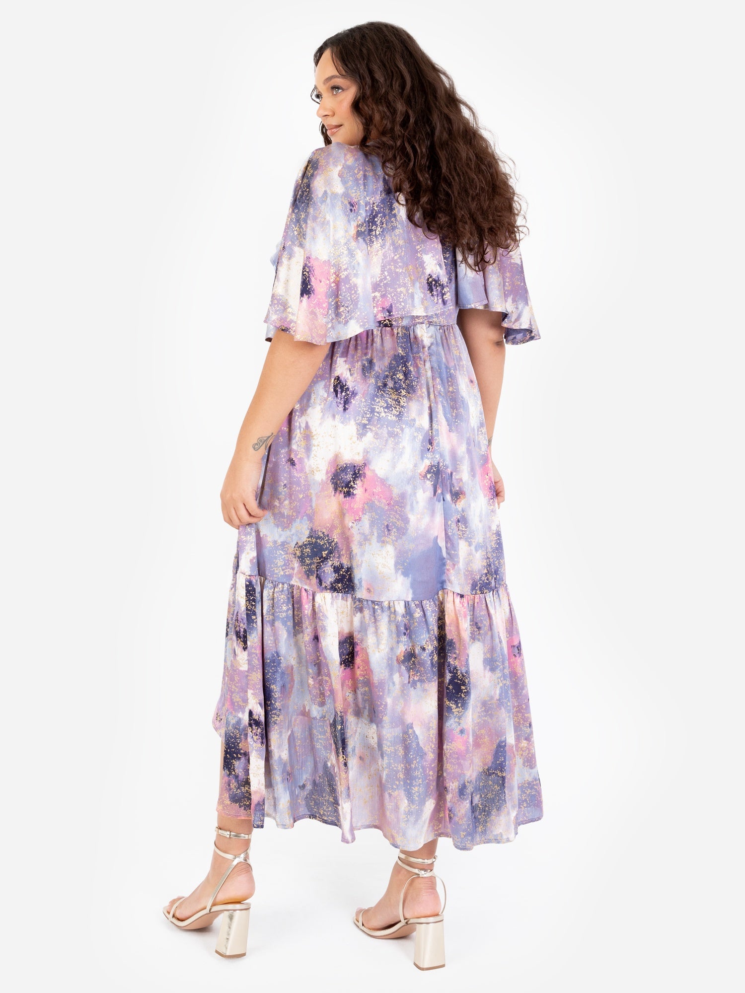 Lovedrobe Purple Cape Sleeve High-Low Tiered Dress with Metallic Detail