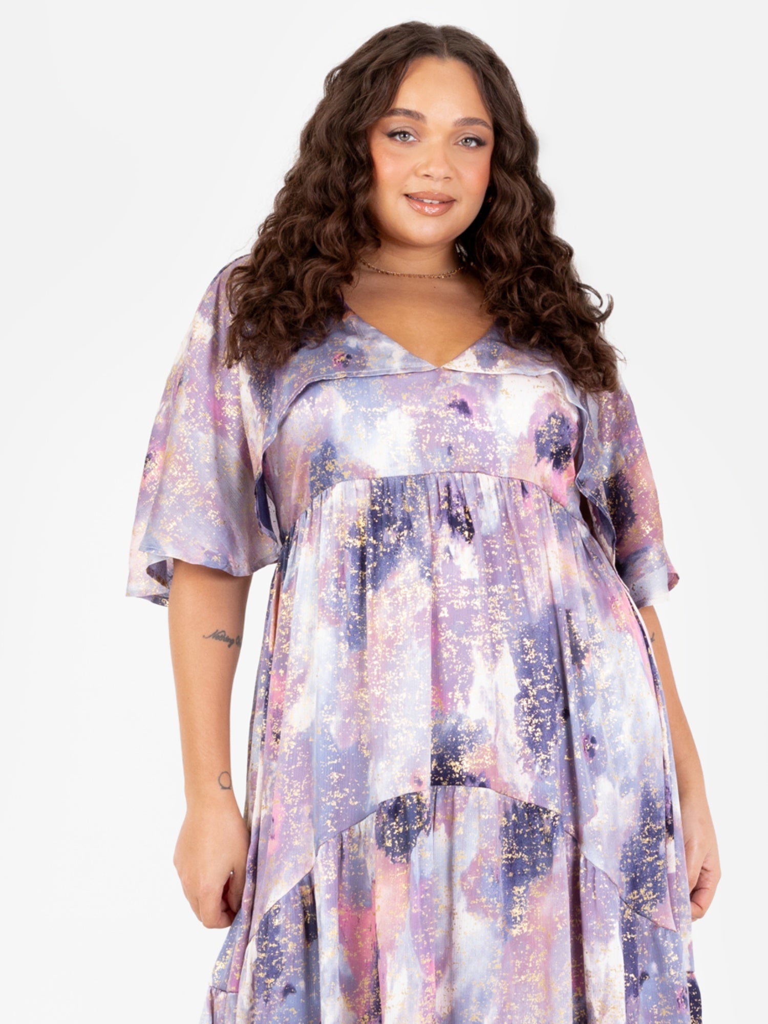 Lovedrobe Purple Cape Sleeve High-Low Tiered Dress with Metallic Detail