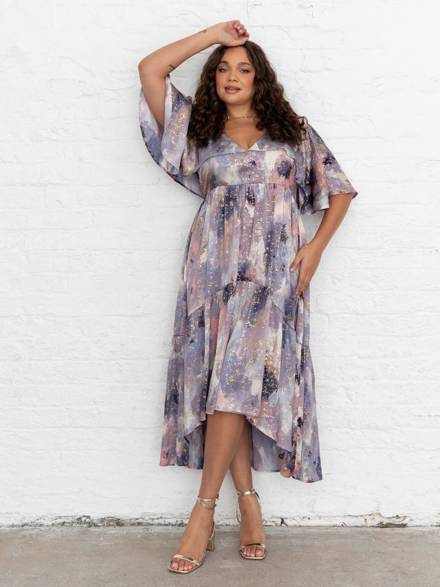 Lovedrobe Purple Cape Sleeve High-Low Tiered Dress with Metallic Detail