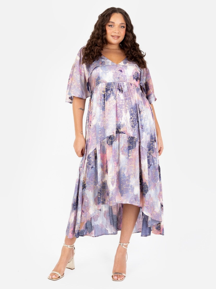 Lovedrobe Purple Cape Sleeve High-Low Tiered Dress with Metallic Detail