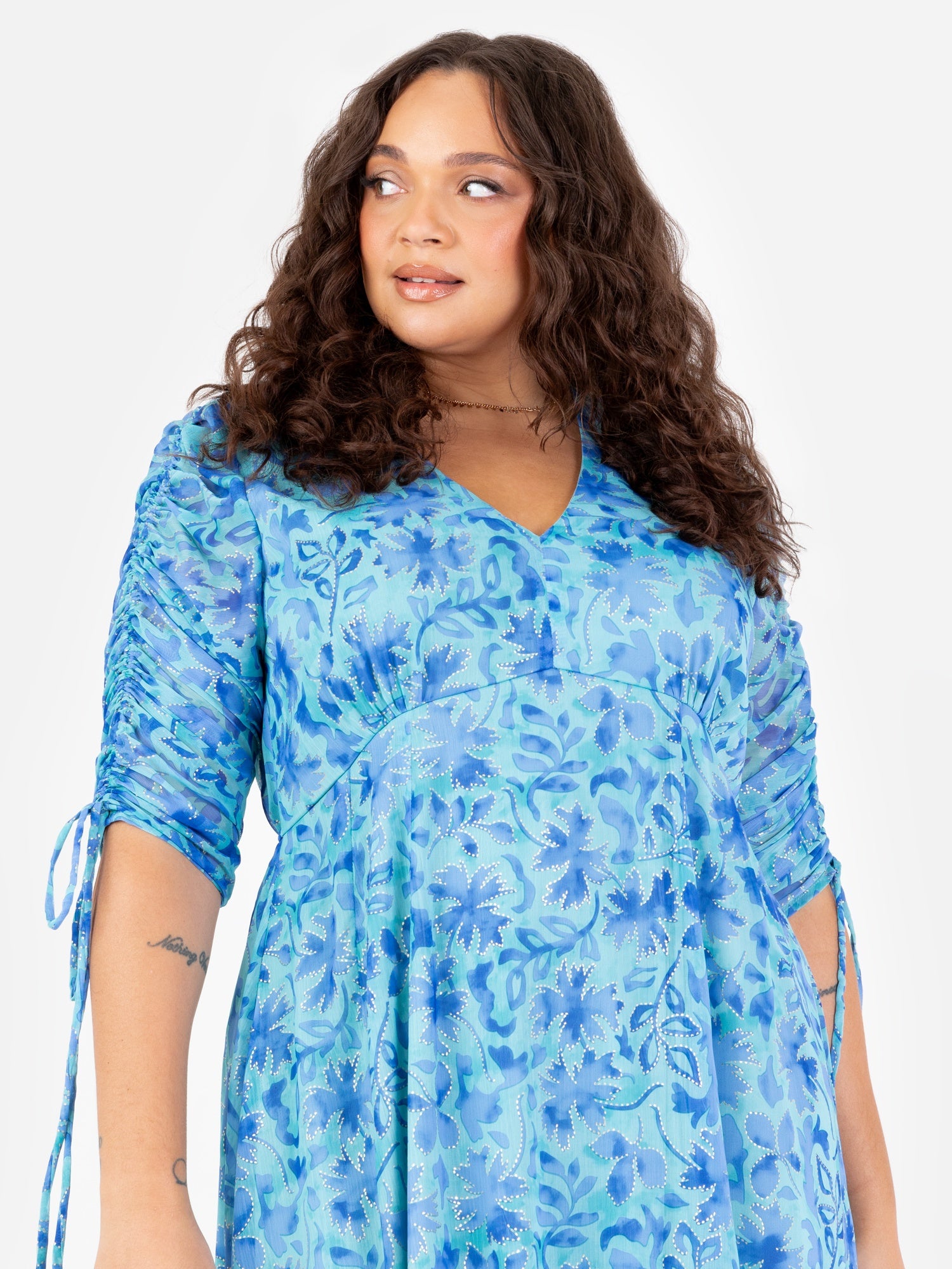 Lovedrobe Blue Floral Maxi with Ruched Sleeves and Metallic Detail