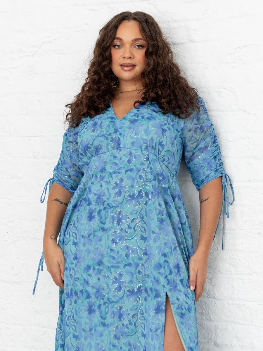 Lovedrobe Blue Floral Maxi with Ruched Sleeves and Metallic Detail