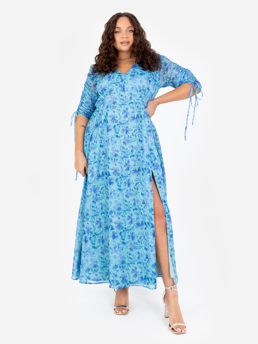 Lovedrobe Blue Floral Maxi with Ruched Sleeves and Metallic Detail