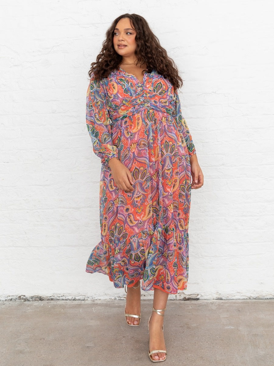 Lovedrobe Paisley V Neck Long Sleeve Midaxi Dress