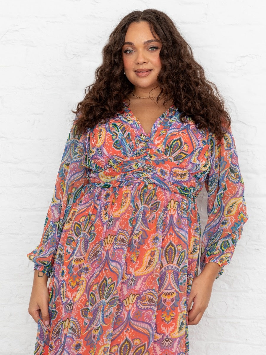 Lovedrobe Paisley V Neck Long Sleeve Midaxi Dress