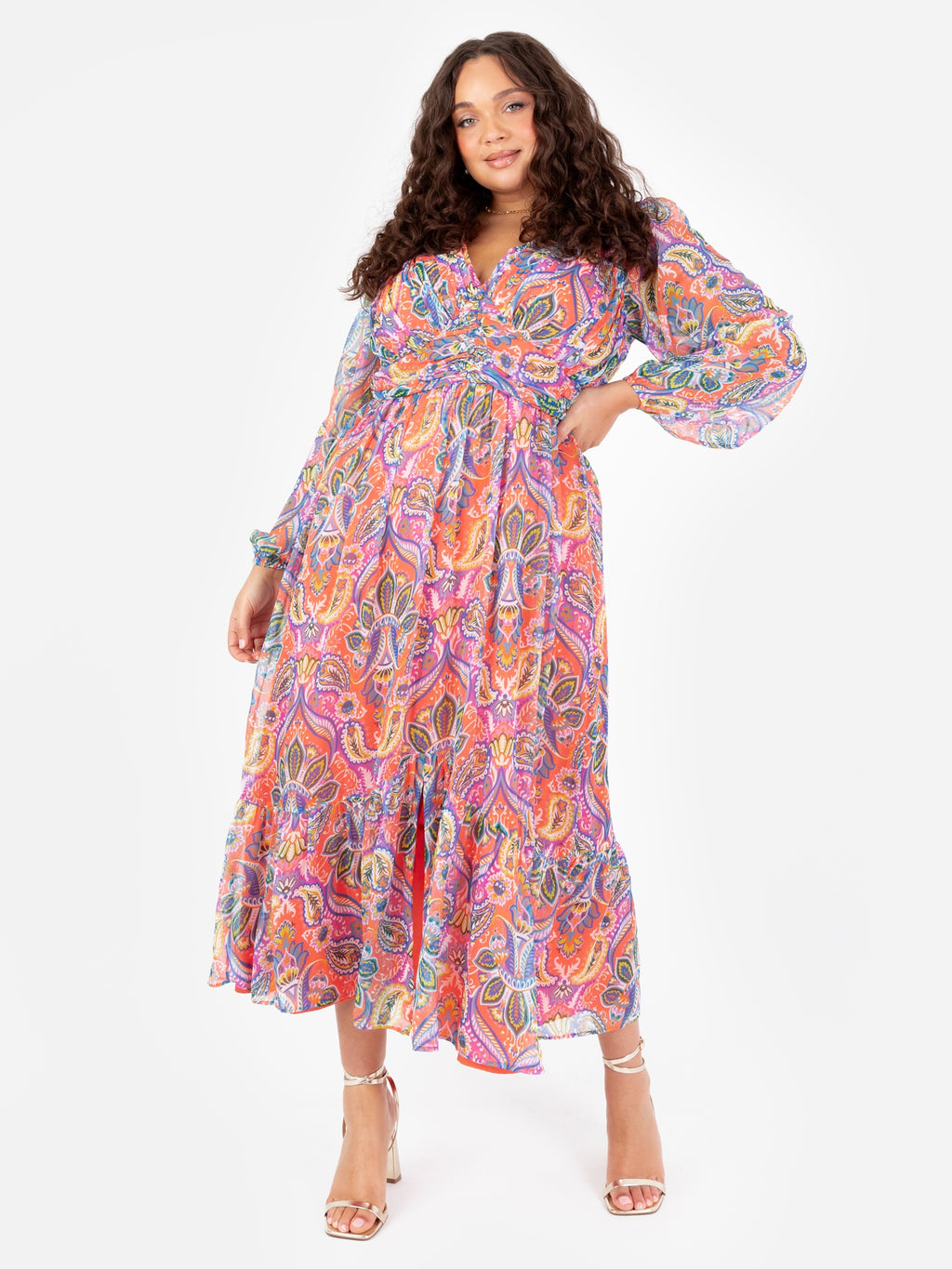 Lovedrobe Paisley V Neck Long Sleeve Midaxi Dress