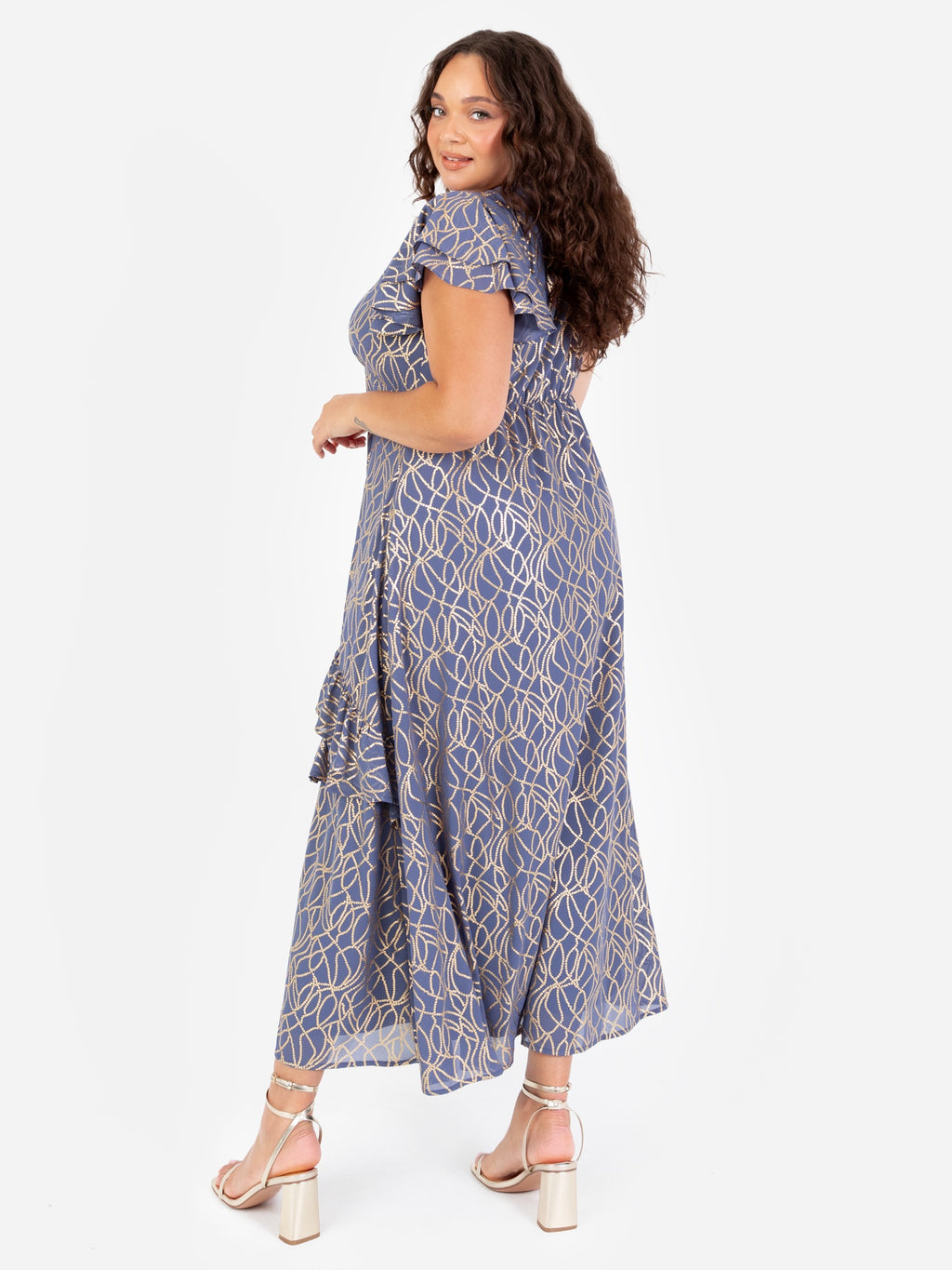 Lovedrobe V Neck Flutter Sleeve Midaxi Dress with Gold Detail