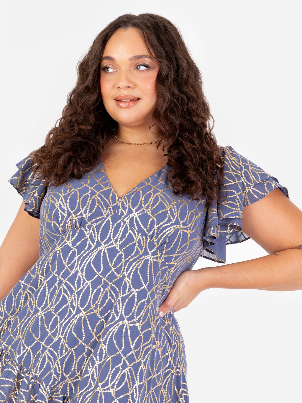 Lovedrobe V Neck Flutter Sleeve Midaxi Dress with Gold Detail
