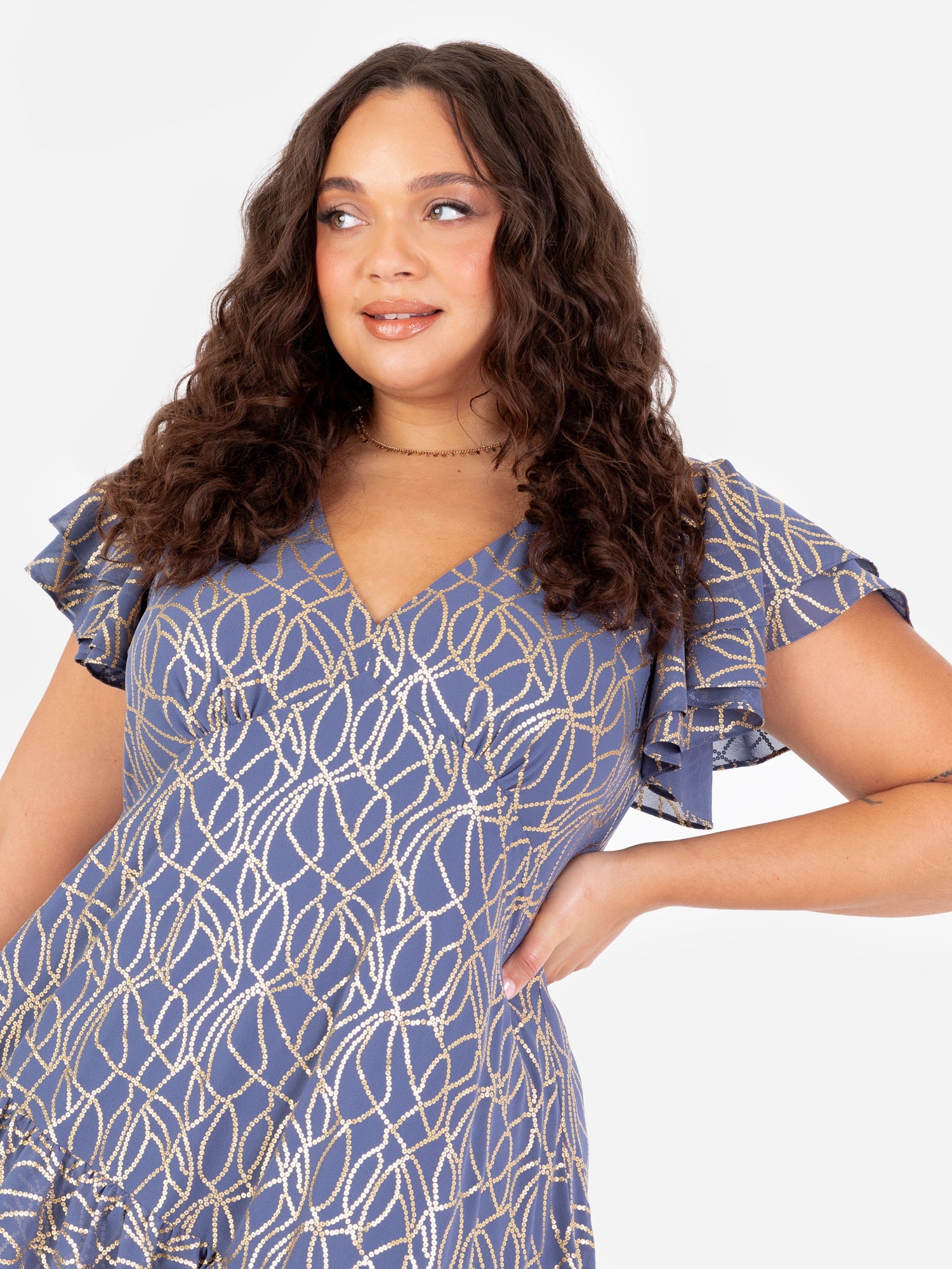 Lovedrobe V Neck Flutter Sleeve Midaxi Dress with Gold Detail