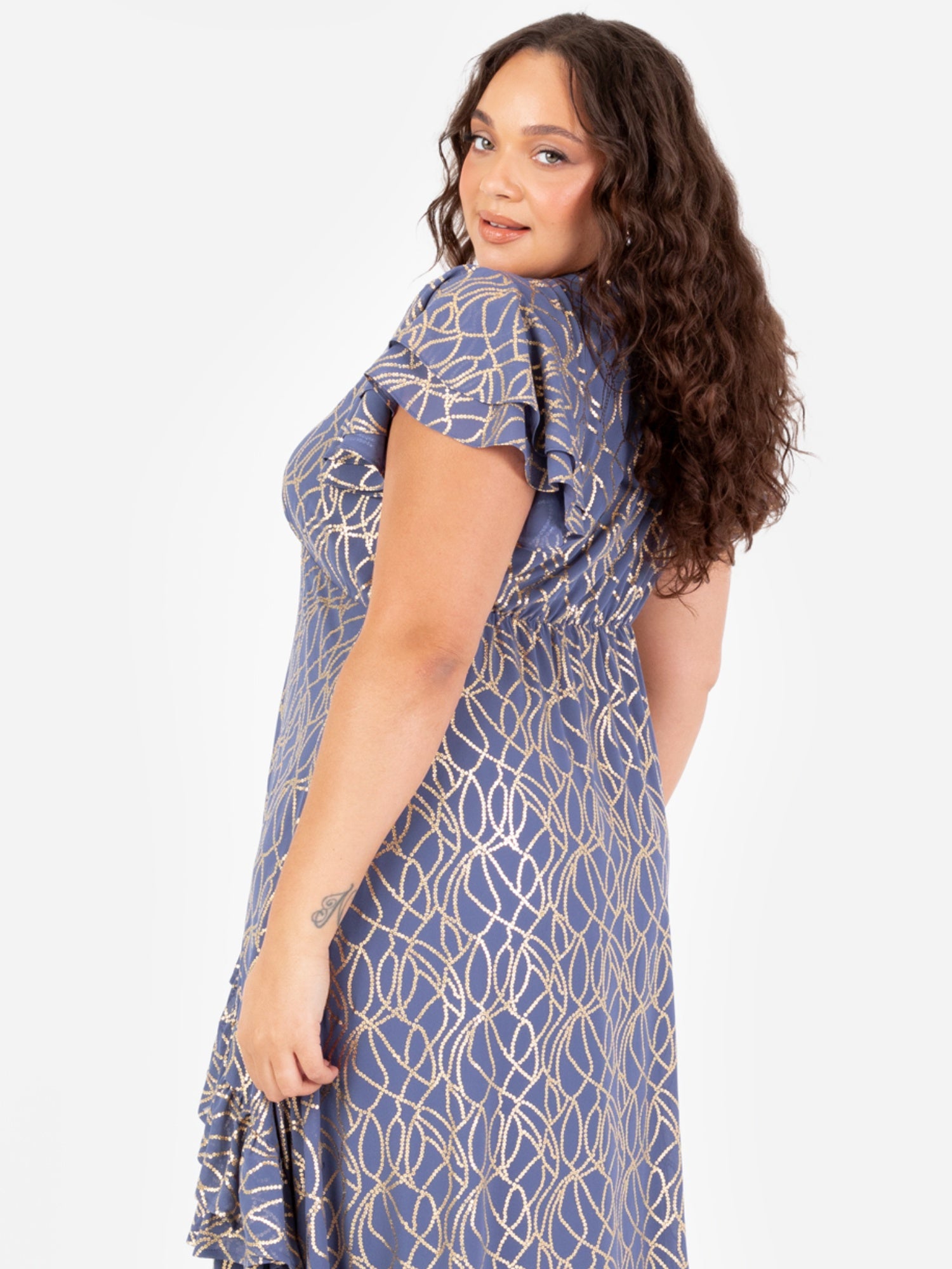 Lovedrobe V Neck Flutter Sleeve Midaxi Dress with Gold Detail