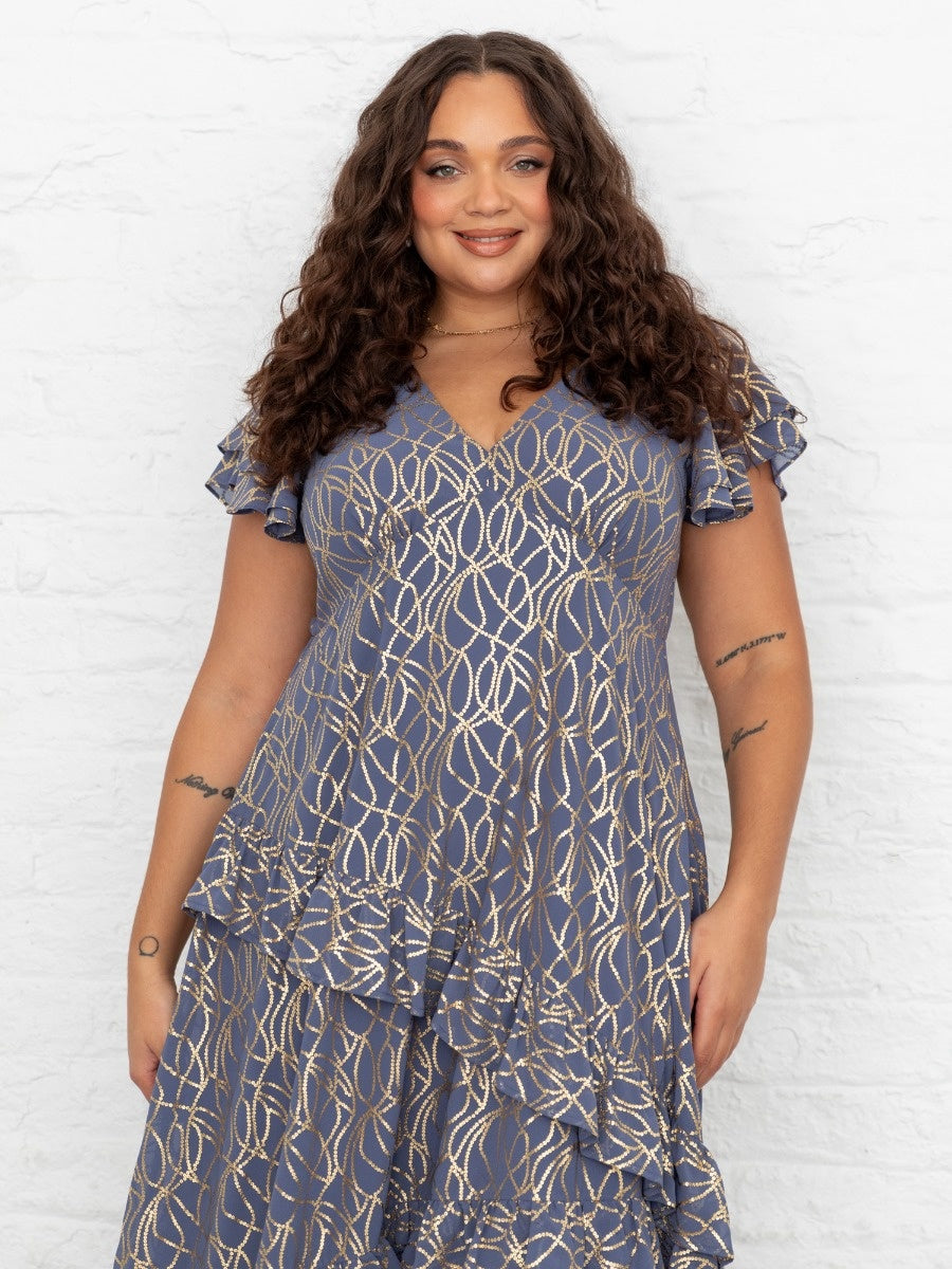 Lovedrobe V Neck Flutter Sleeve Midaxi Dress with Gold Detail