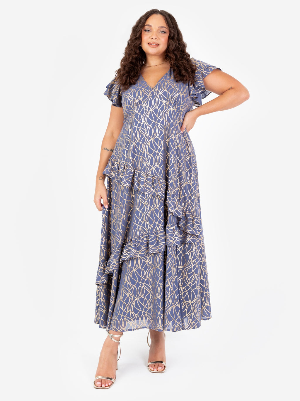 Lovedrobe V Neck Flutter Sleeve Midaxi Dress with Gold Detail