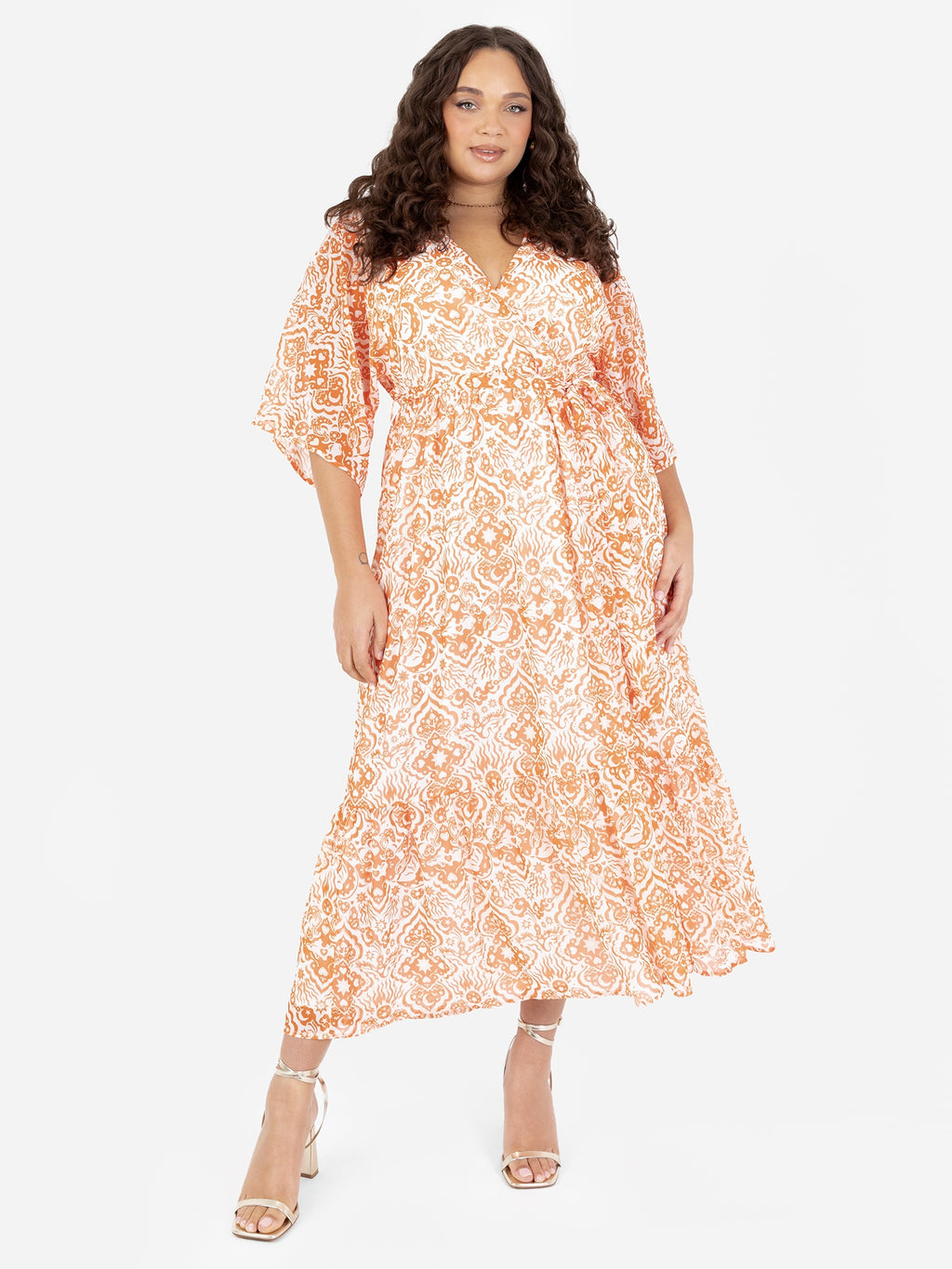 Lovedrobe Orange Faux Wrap Kimono Sleeve Midaxi Dress