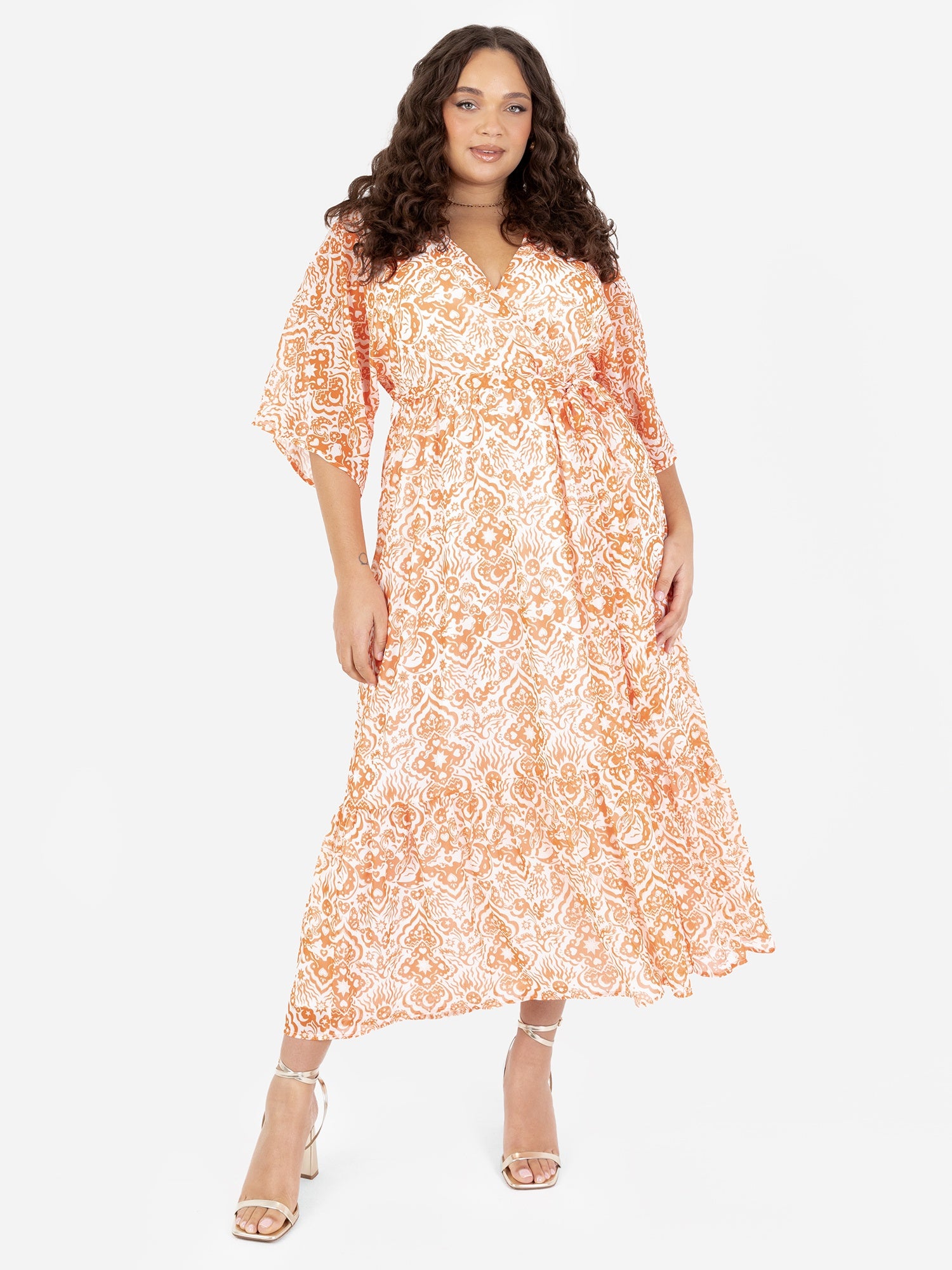 Lovedrobe Orange Faux Wrap Kimono Sleeve Midaxi Dress