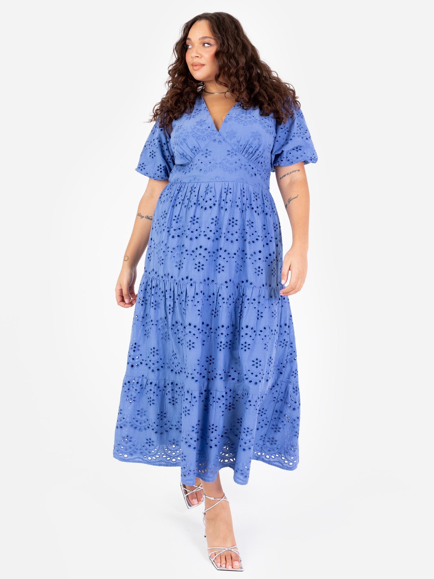 Lovedrobe Blue Broderie Puff Sleeve Tiered Midi Dress